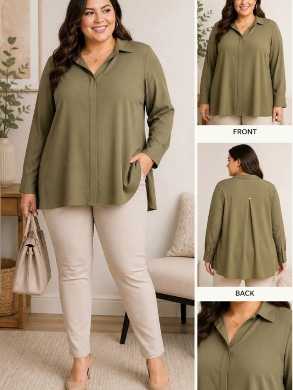 Marla Wynne Stretch Covered Placket Button Up Tunic Shirt Green Women's Size XL